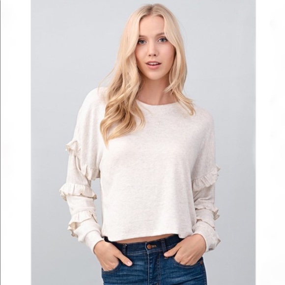 Ruffle Oatmeal Long Sleeve Detail Loose Top - Picture 10 of 11